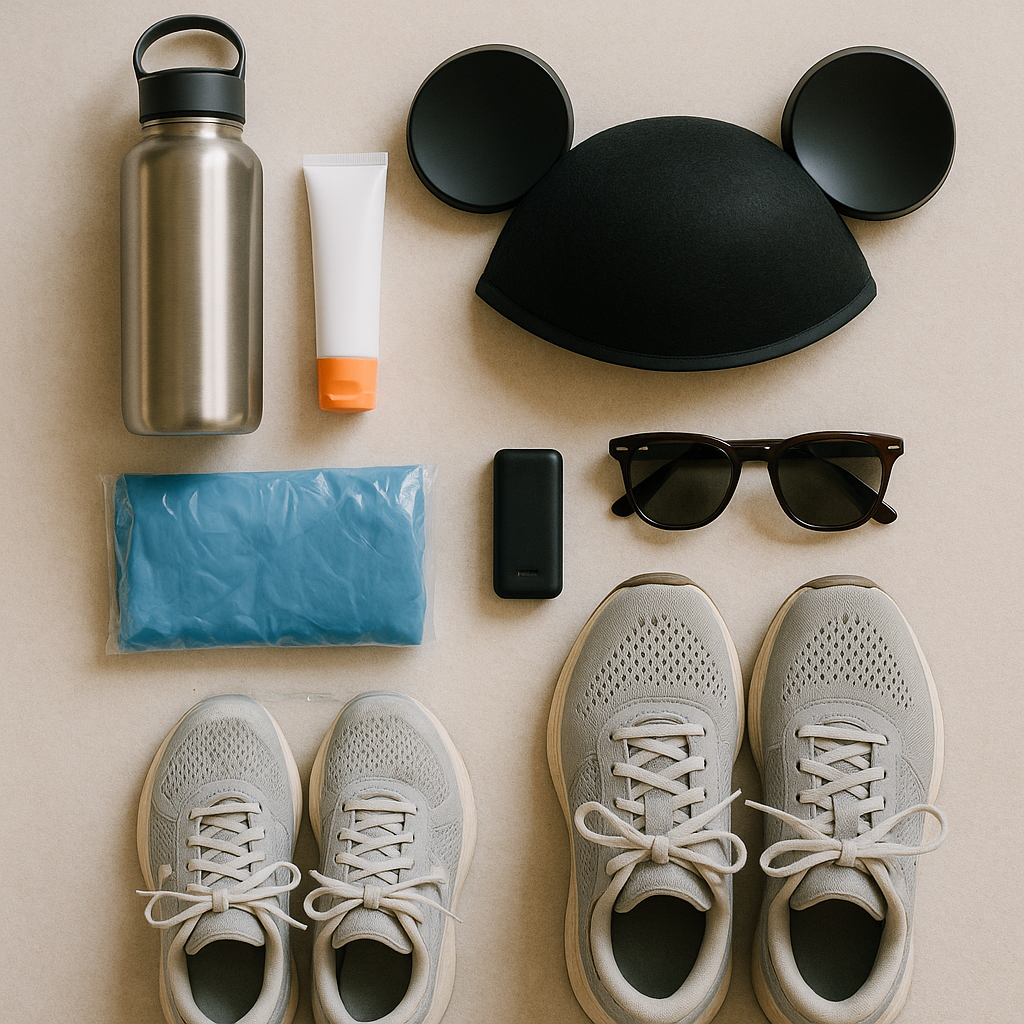 Top-down flat-lay of park-day essentials, tidy and bright — no text labels.