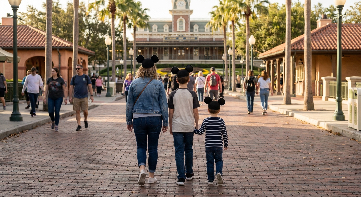 Parent and kids from behind in round ear hats — generic, no faces, no trademarked characters, no text.